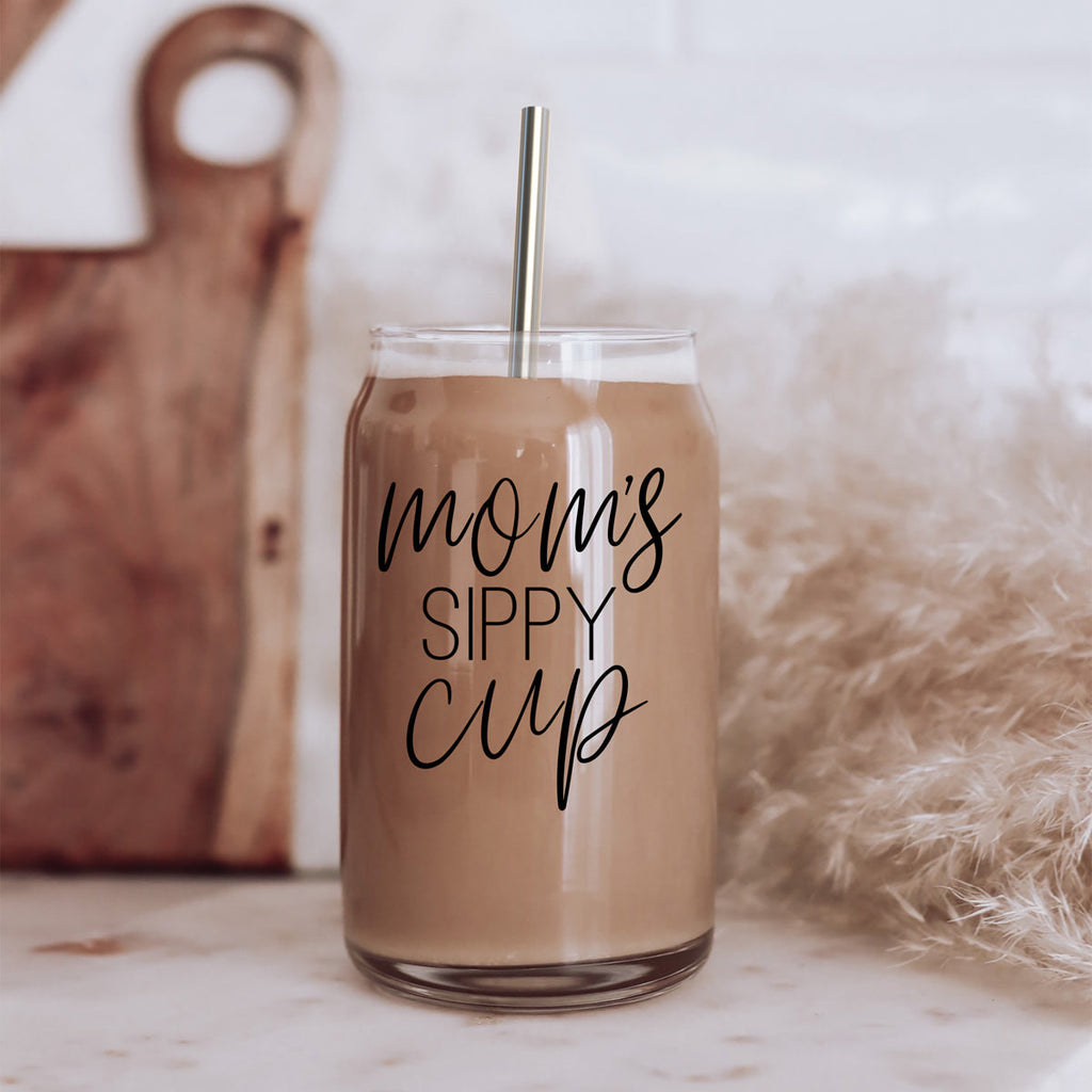 Mom's Sippy 17oz Glass Tumbler With Bamboo Lid 2 Stainless Straws And Cleaner