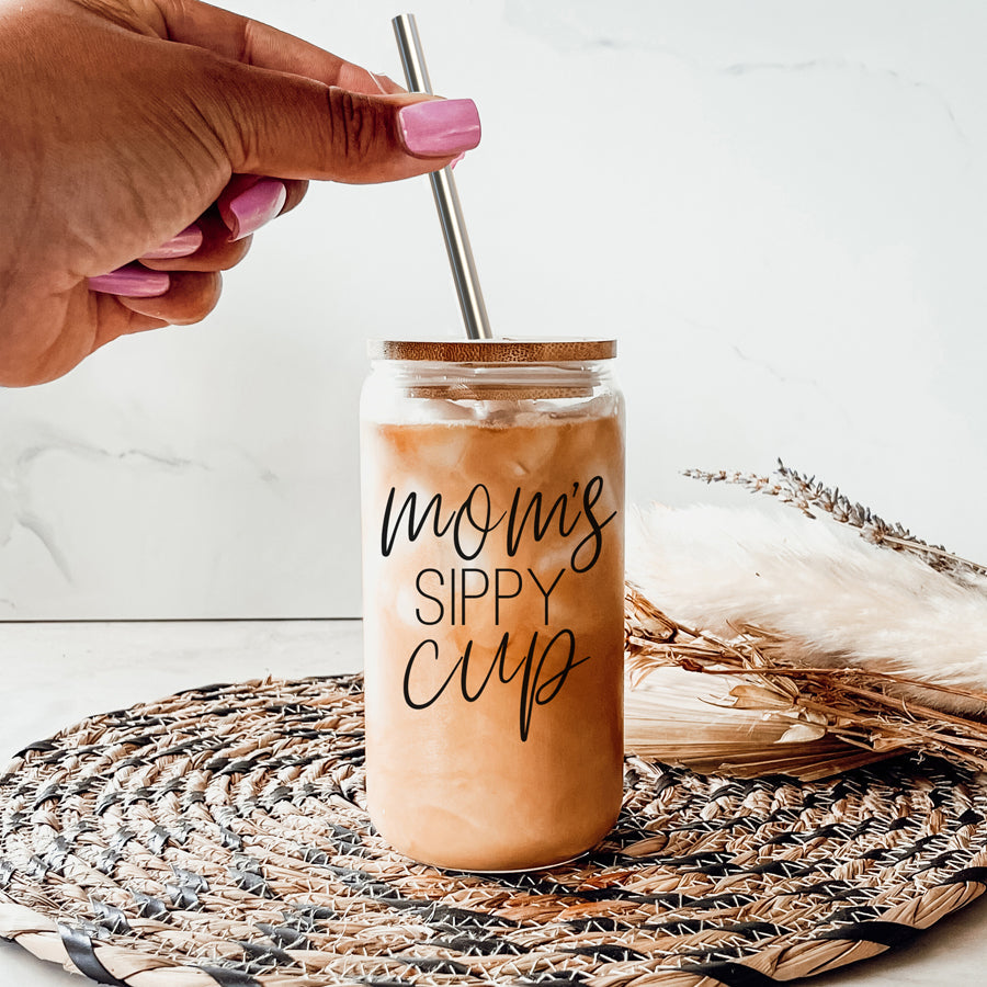 Mom's Sippy 17oz Glass Tumbler With Bamboo Lid 2 Stainless Straws And Cleaner