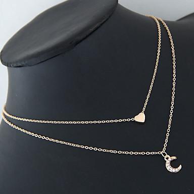 Moon And Heart Two Layer Necklace Dainty Gold Plated