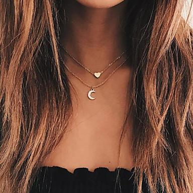 Moon And Heart Two Layer Necklace Dainty Gold Plated