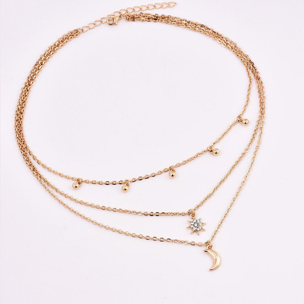 Moon And Star Dainty Layered Beaded Necklace Gold Plated