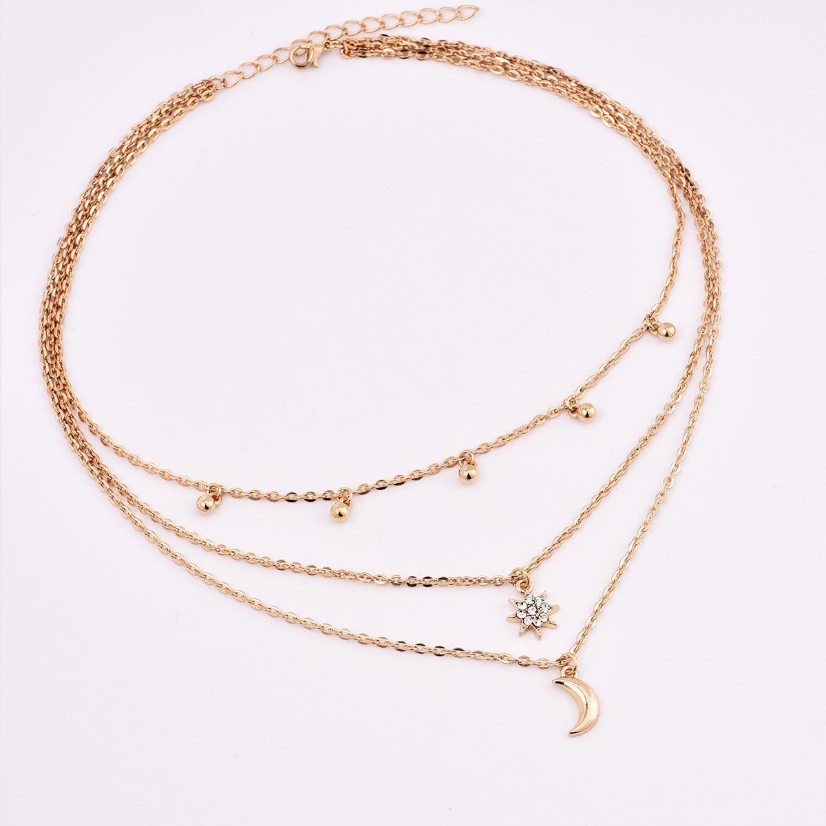 Moon And Star Dainty Layered Beaded Necklace Gold Plated