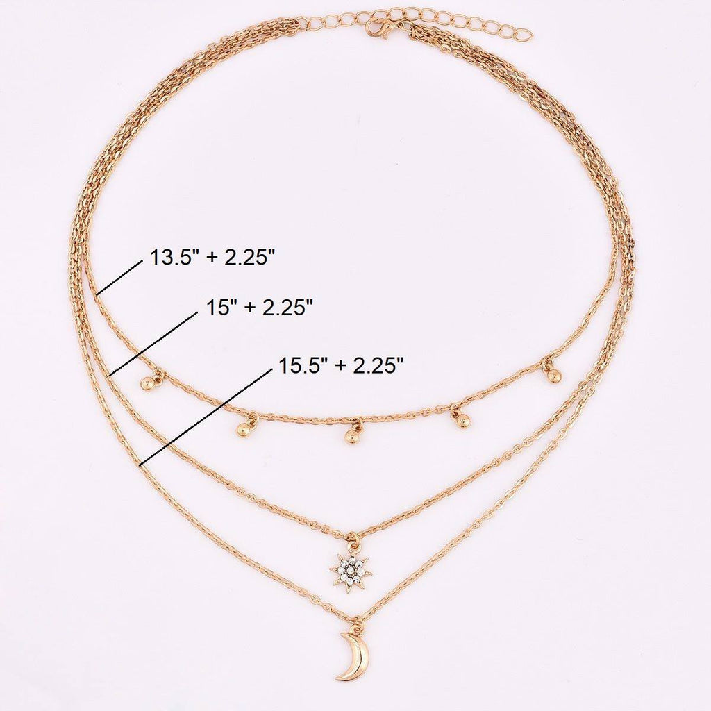 Moon And Star Dainty Layered Beaded Necklace Gold Plated