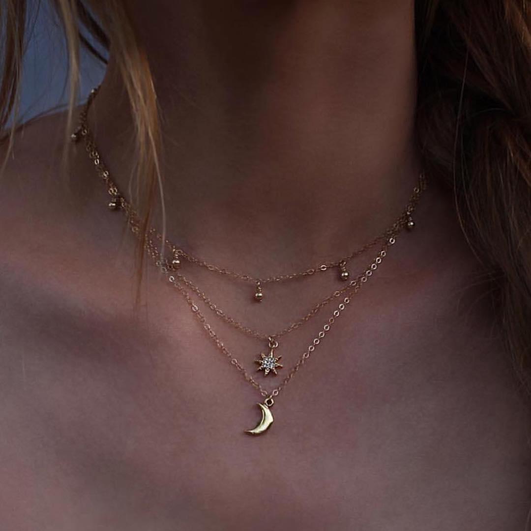 Moon And Star Dainty Layered Beaded Necklace Gold Plated
