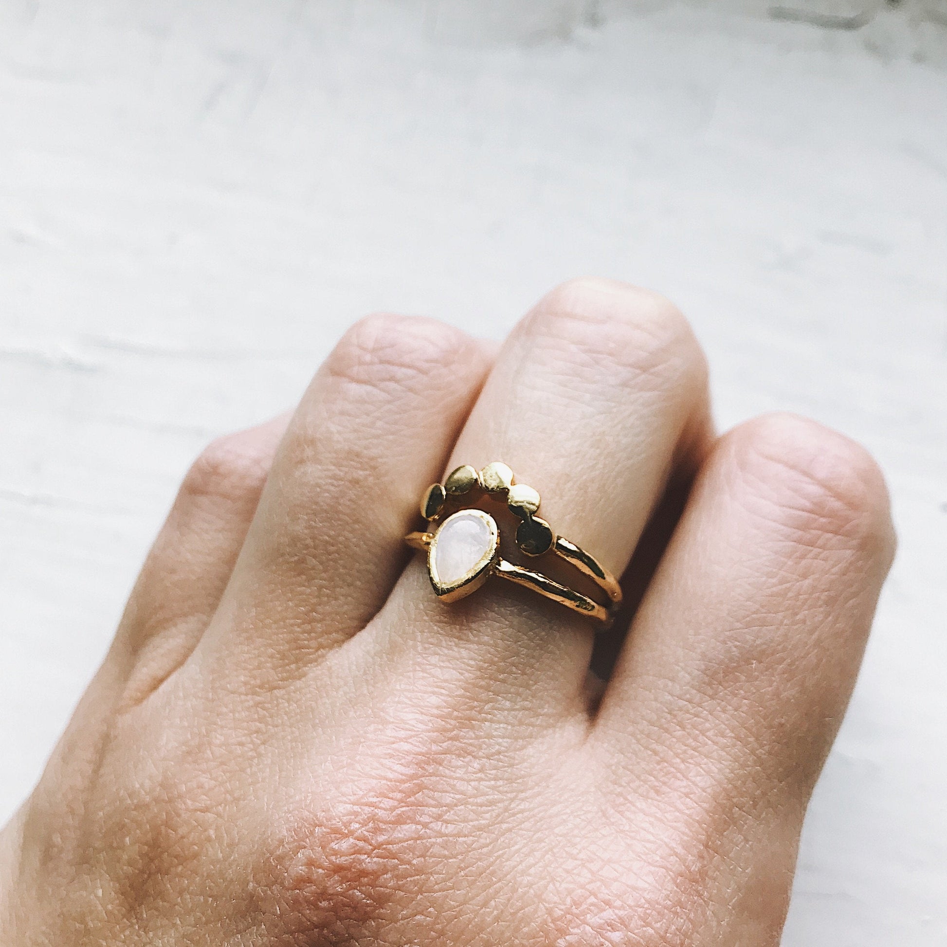 Moonstone Teardrop Ring Silver Tone Slim Stacking Band
