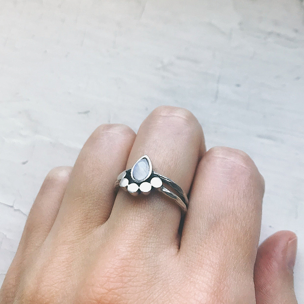Moonstone Teardrop Ring Silver Tone Slim Stacking Band