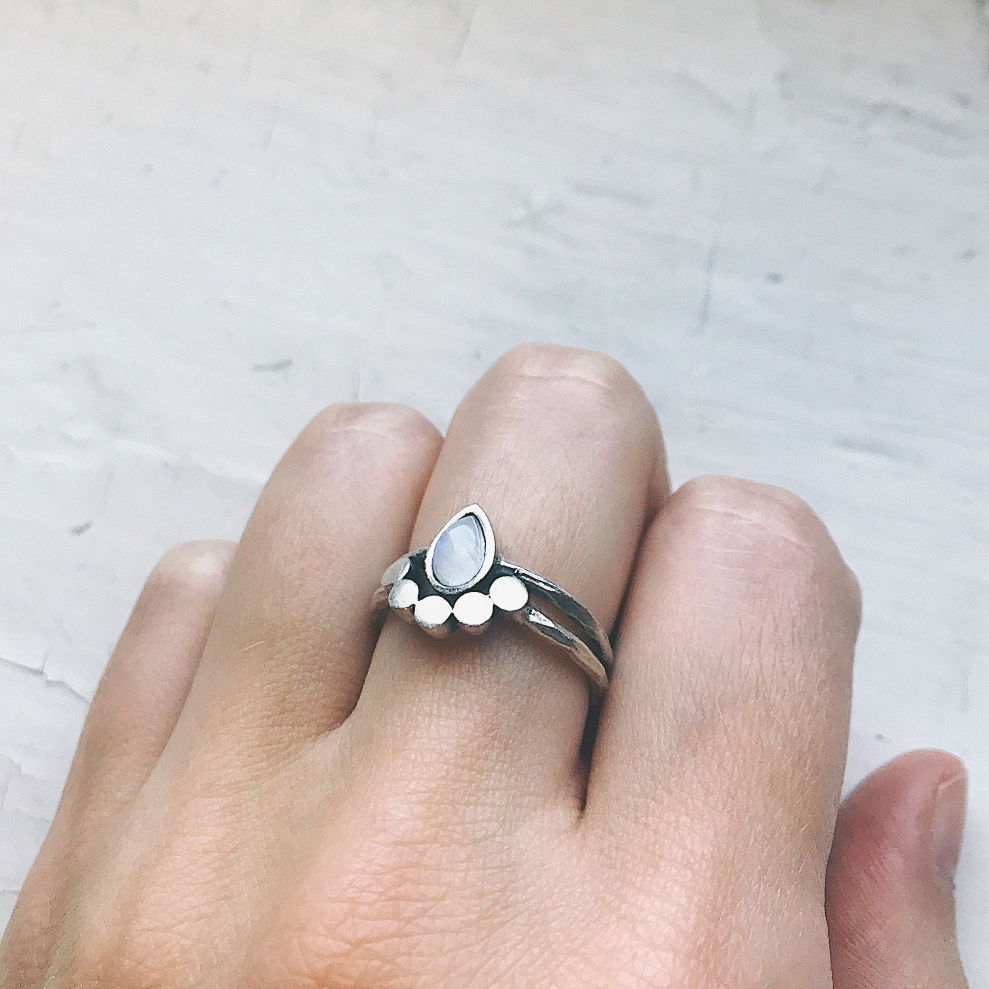 Moonstone Teardrop Ring Silver Tone Slim Stacking Band