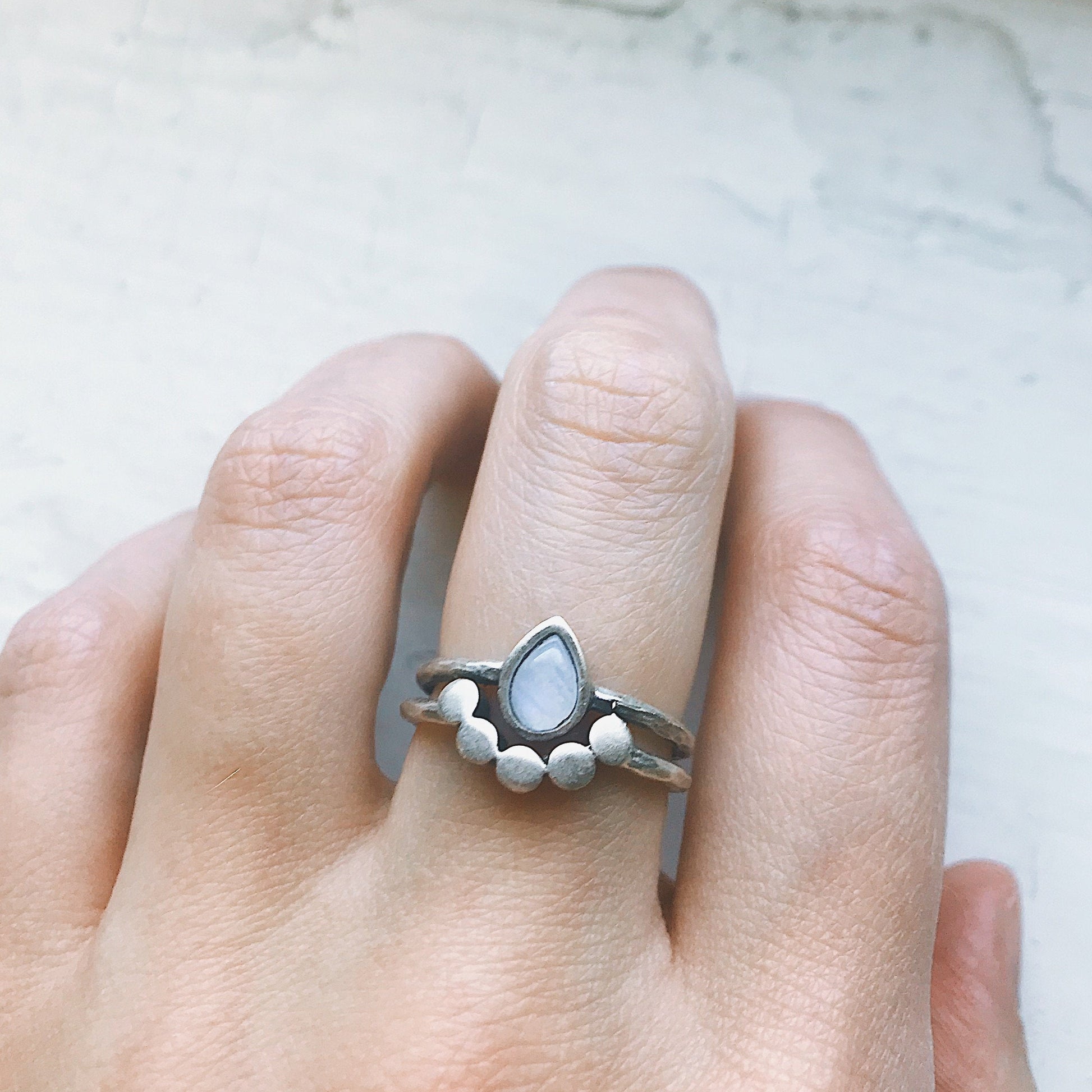 Moonstone Teardrop Ring Silver Tone Slim Stacking Band