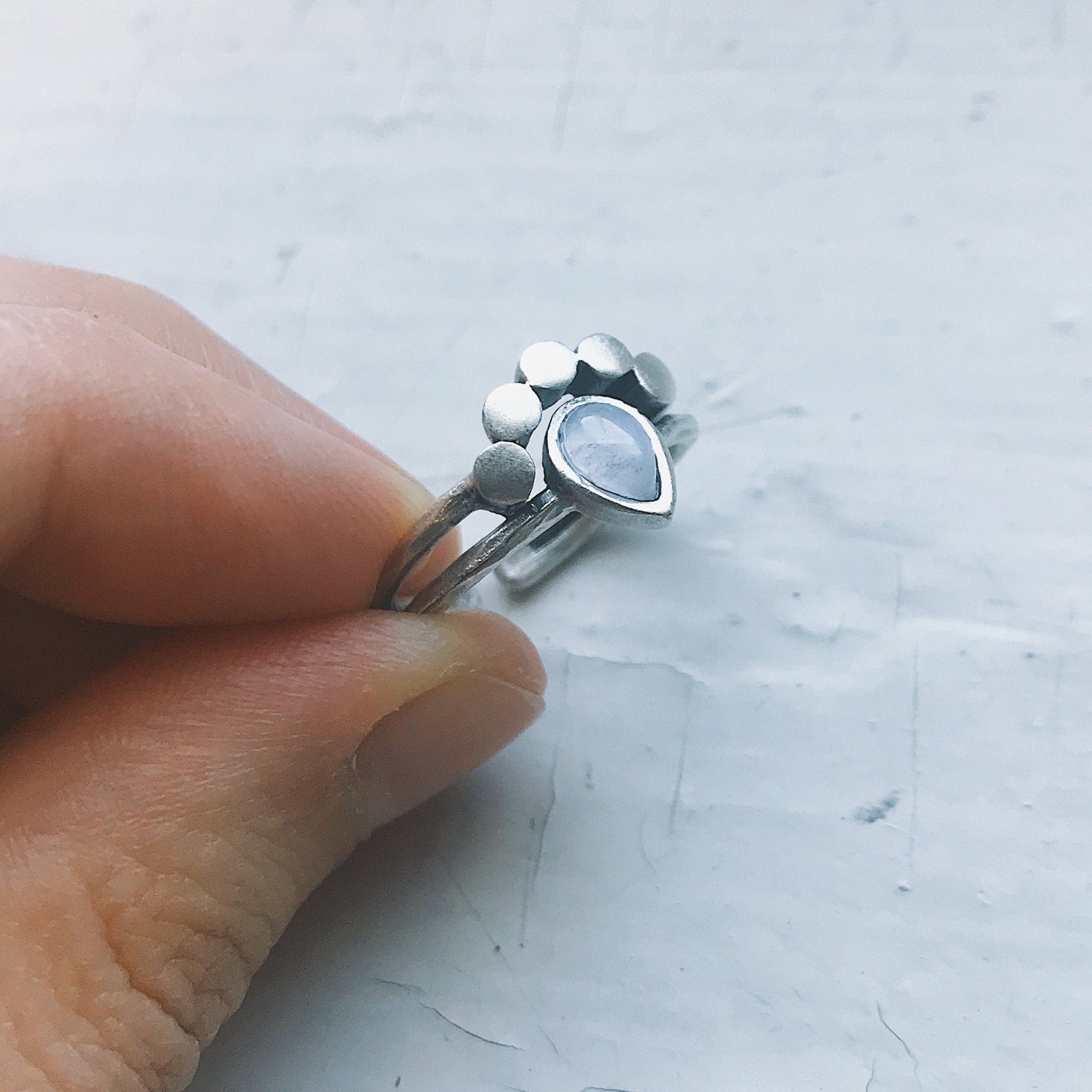 Moonstone Teardrop Ring Silver Tone Slim Stacking Band