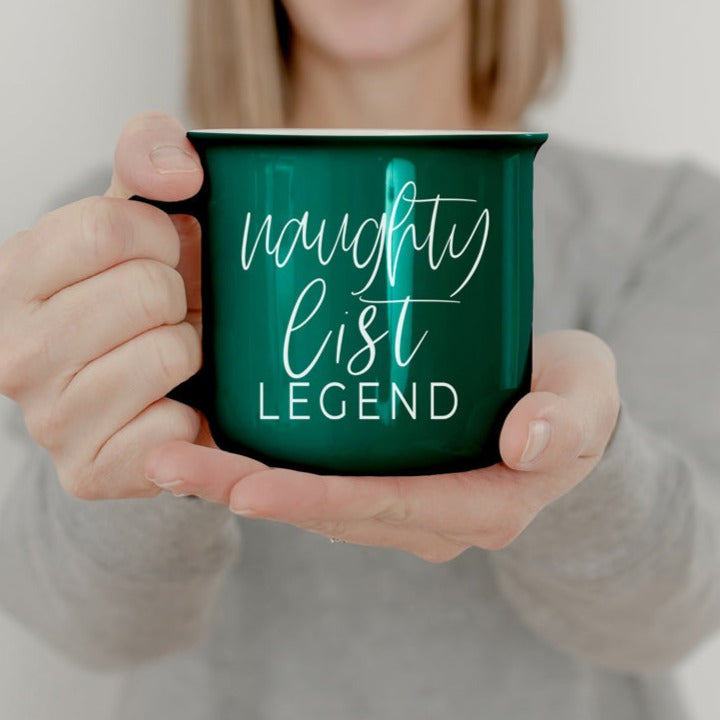 Naughty Legend Christmas Mug 14.5oz Ceramic Campfire Style Red Or Green Holiday Coffee Cup