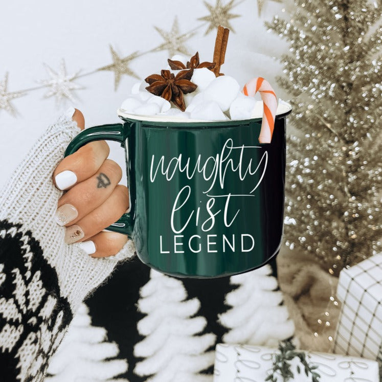 Naughty Legend Christmas Mug 14.5oz Ceramic Campfire Style Red Or Green Holiday Coffee Cup