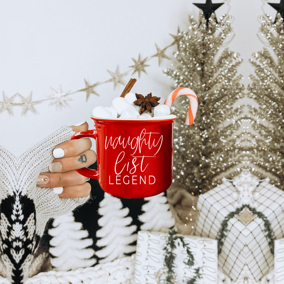 Naughty Legend Christmas Mug 14.5oz Ceramic Campfire Style Red Or Green Holiday Coffee Cup