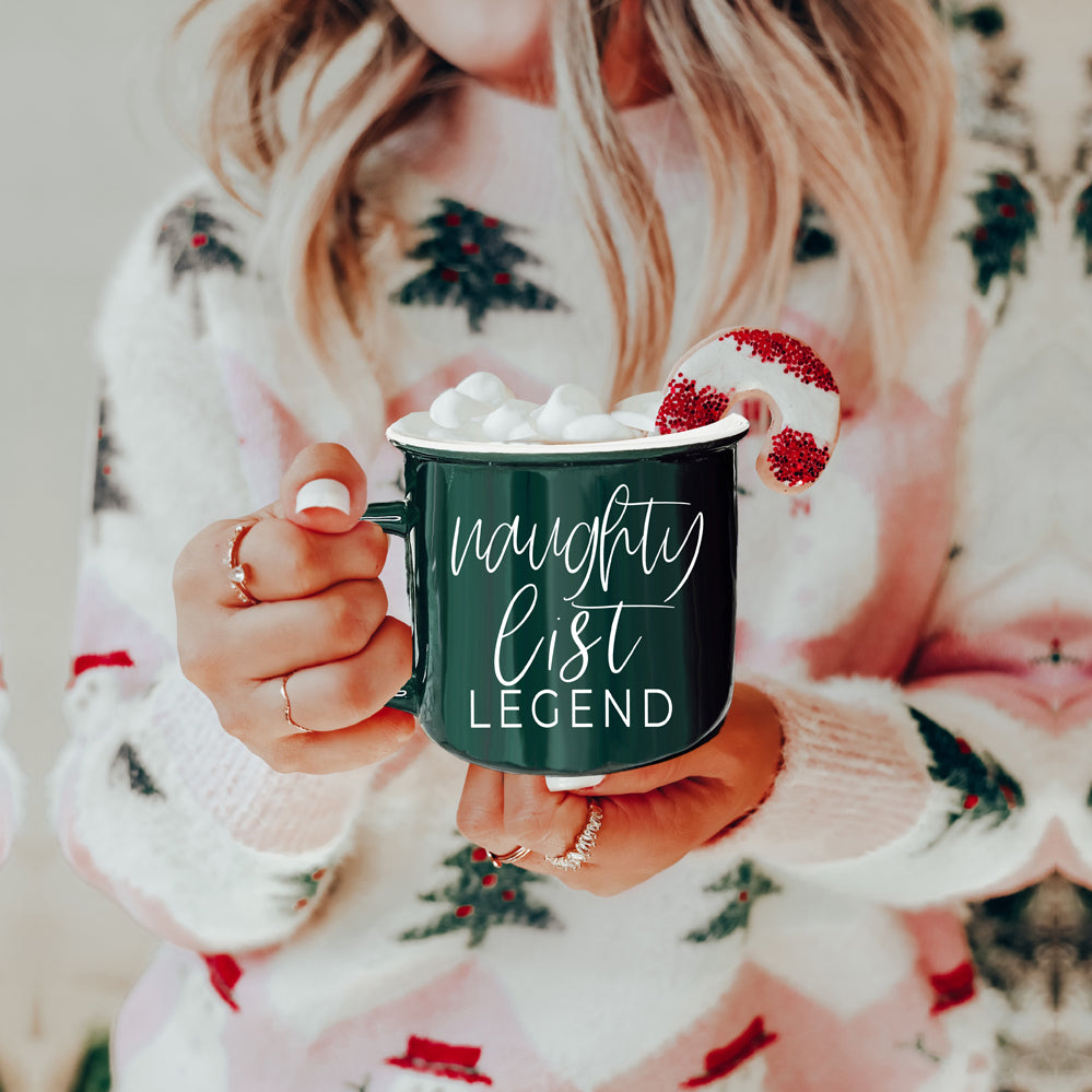 Naughty Legend Christmas Mug 14.5oz Ceramic Campfire Style Red Or Green Holiday Coffee Cup