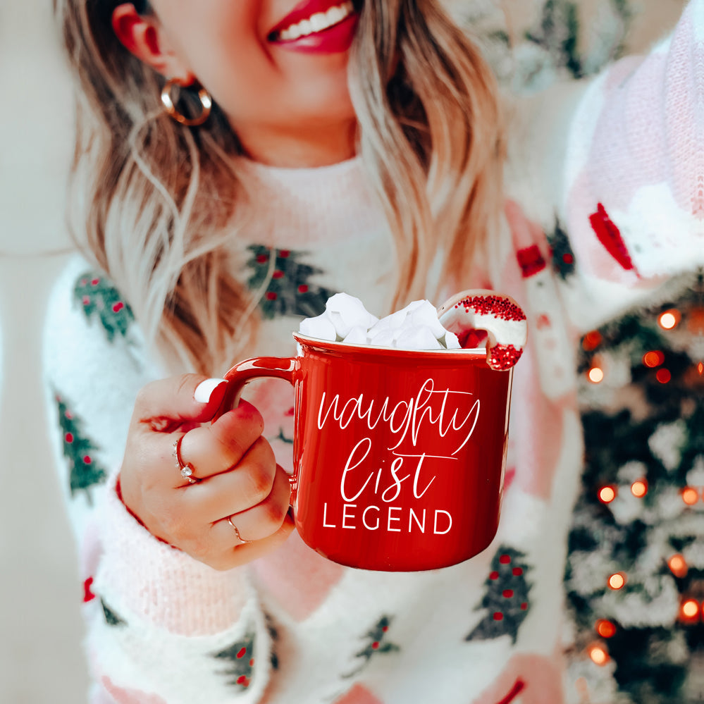 Naughty Legend Christmas Mug 14.5oz Ceramic Campfire Style Red Or Green Holiday Coffee Cup