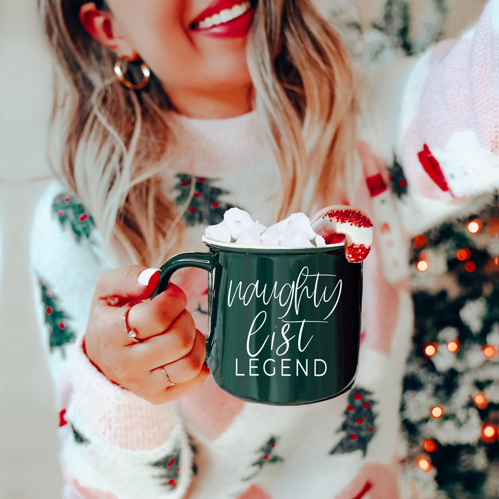 Naughty Legend Christmas Mug 14.5oz Ceramic Campfire Style Red Or Green Holiday Coffee Cup