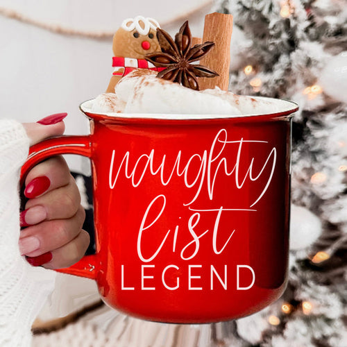 Naughty Legend Christmas Mug 14.5oz Ceramic Campfire Style Red Or Green Holiday Coffee Cup