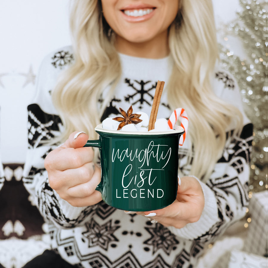 Naughty Legend Christmas Mug 14.5oz Ceramic Campfire Style Red Or Green Holiday Coffee Cup
