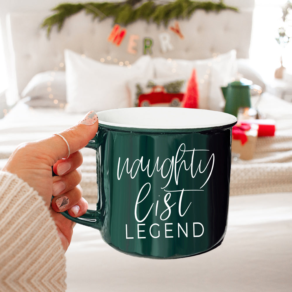 Naughty Legend Christmas Mug 14.5oz Ceramic Campfire Style Red Or Green Holiday Coffee Cup
