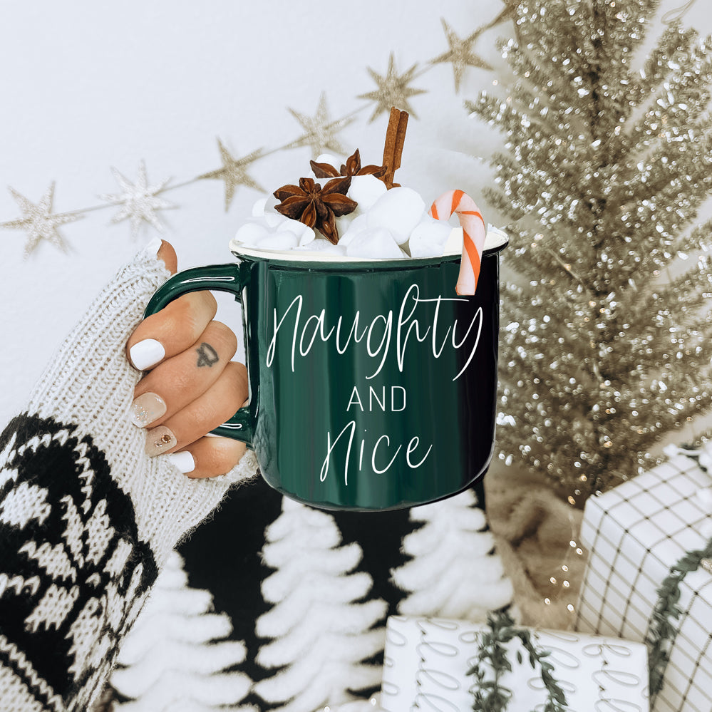 Naughty And Nice Coffee Mug Ceramic Campfire Style 14.5oz Red Or Green Double Side Design