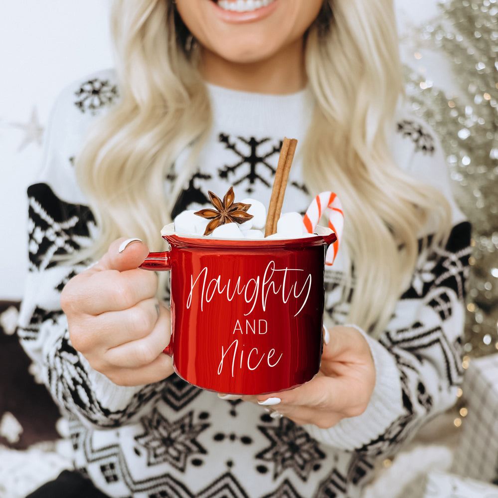 Naughty And Nice Coffee Mug Ceramic Campfire Style 14.5oz Red Or Green Double Side Design