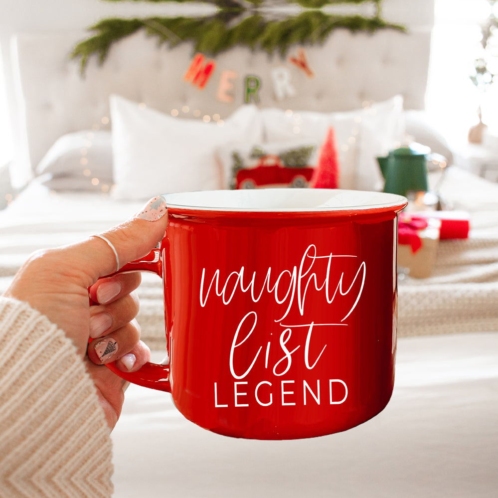 Naughty Legend Christmas Mug 14.5oz Ceramic Campfire Style Red Or Green Holiday Coffee Cup