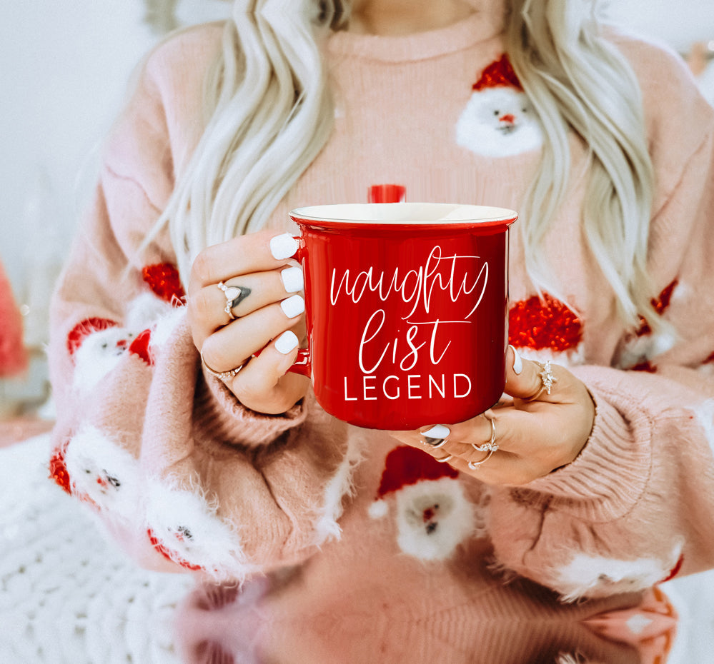 Naughty Legend Christmas Mug 14.5oz Ceramic Campfire Style Red Or Green Holiday Coffee Cup