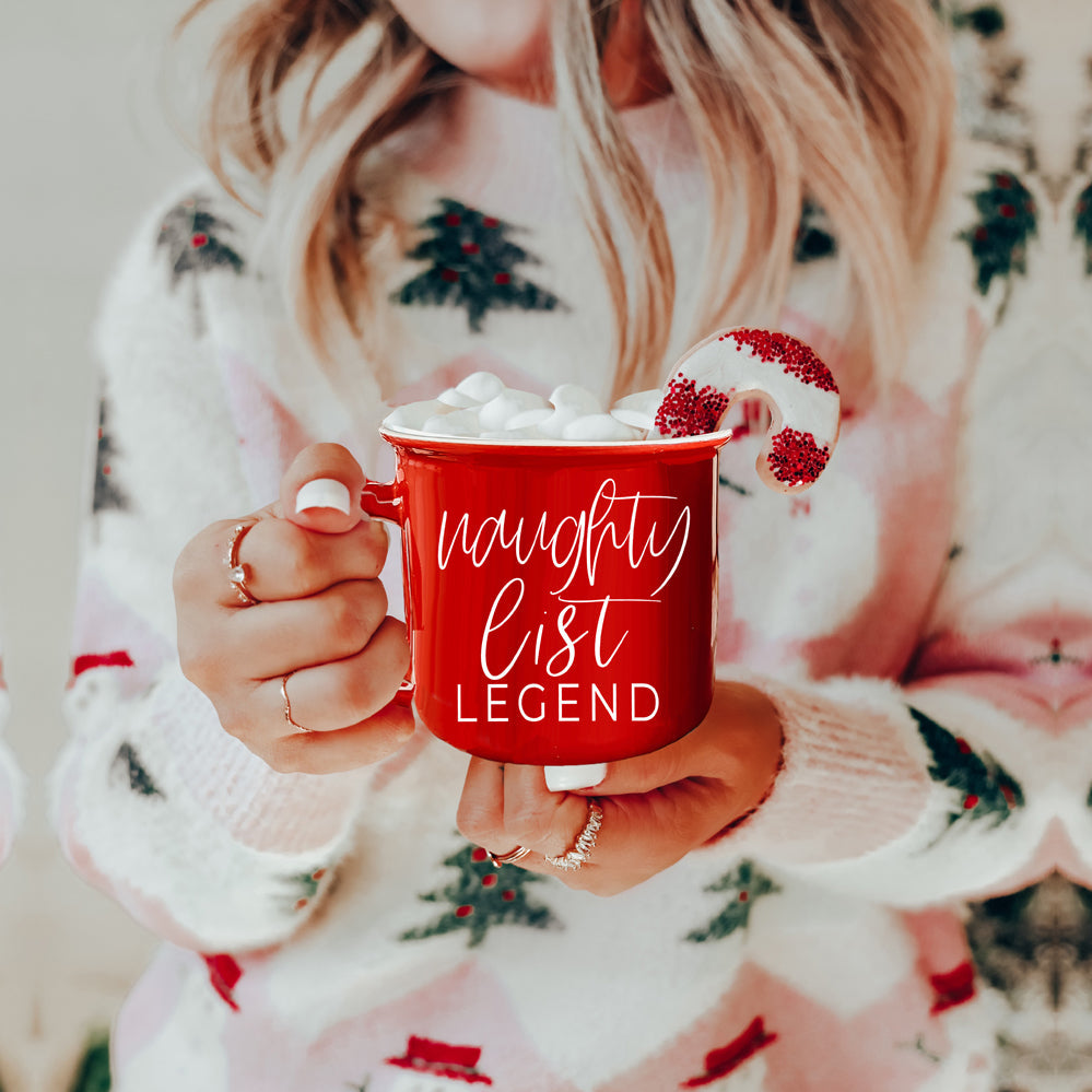 Naughty Legend Christmas Mug 14.5oz Ceramic Campfire Style Red Or Green Holiday Coffee Cup