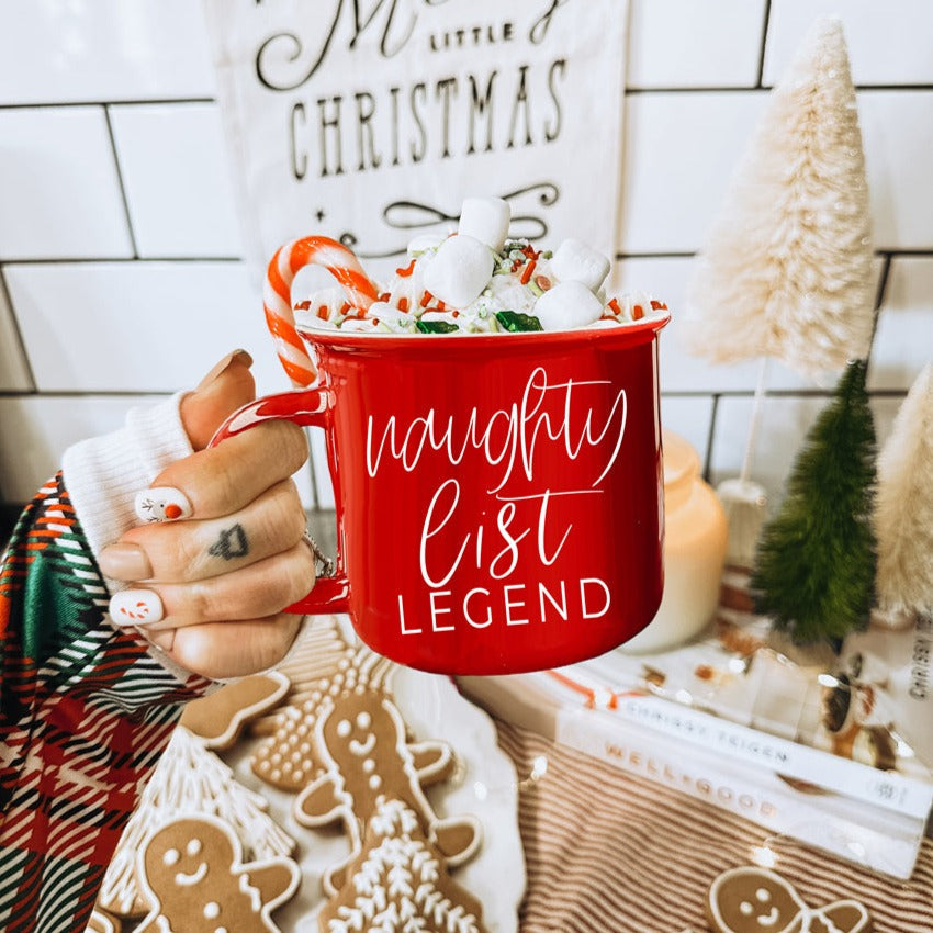 Naughty Legend Christmas Mug 14.5oz Ceramic Campfire Style Red Or Green Holiday Coffee Cup