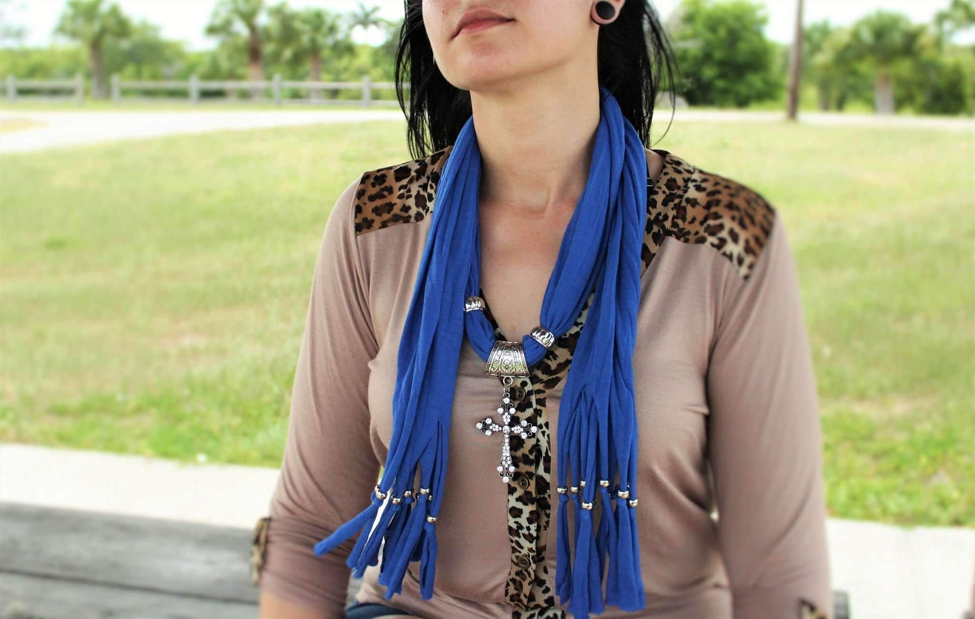 Nautical Blue Cross Pendant Scarf Necklace For Women