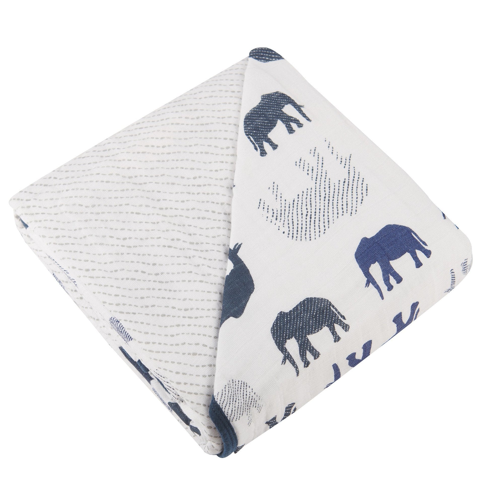 Navy Elephant Muslin Baby Blanket 47x47 Soft Cotton
