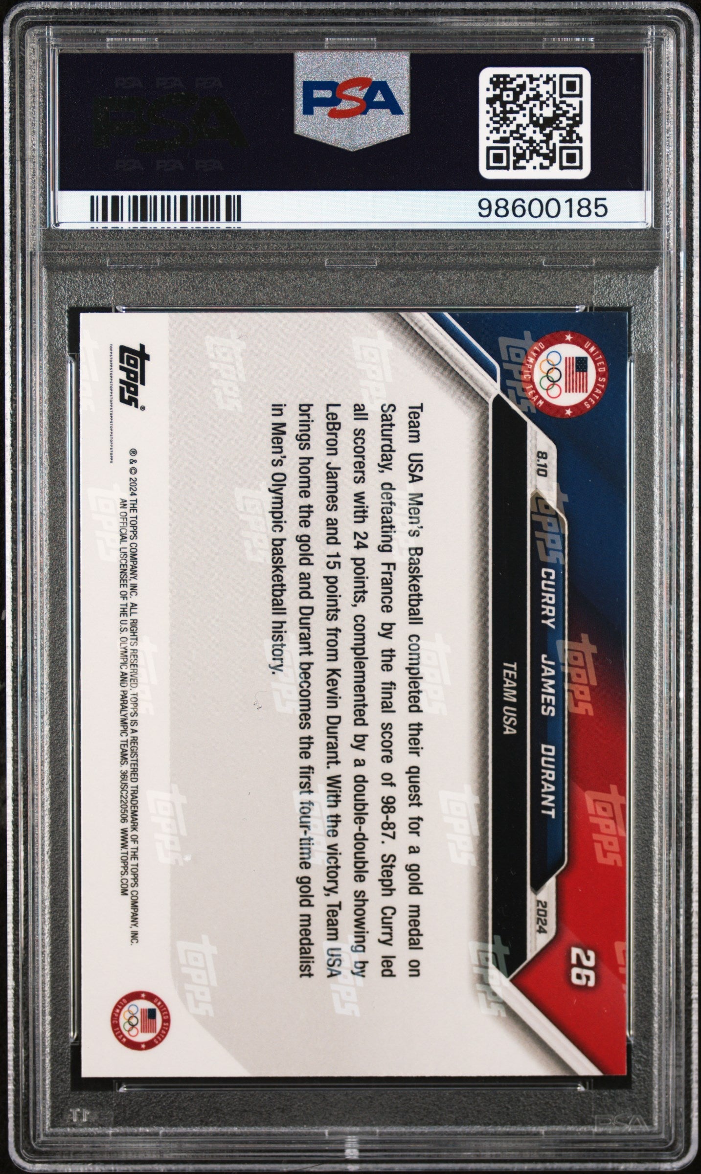 Graded 2024 Topps Now Olympics Steph Curry/LeBron James/Kevin Durant #26 Variation Blue Basketball Card PSA 10 Gem Mint
