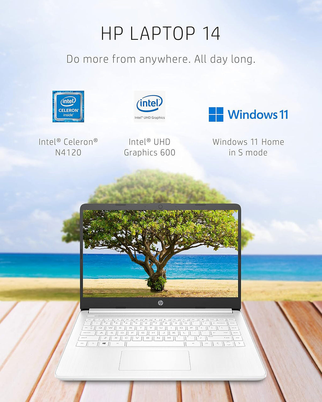 HP 14DQ0052DX 14" Laptop – Intel Celeron N4120 • 4GB RAM • 64GB eMMC – Win 11 Home (Open box)