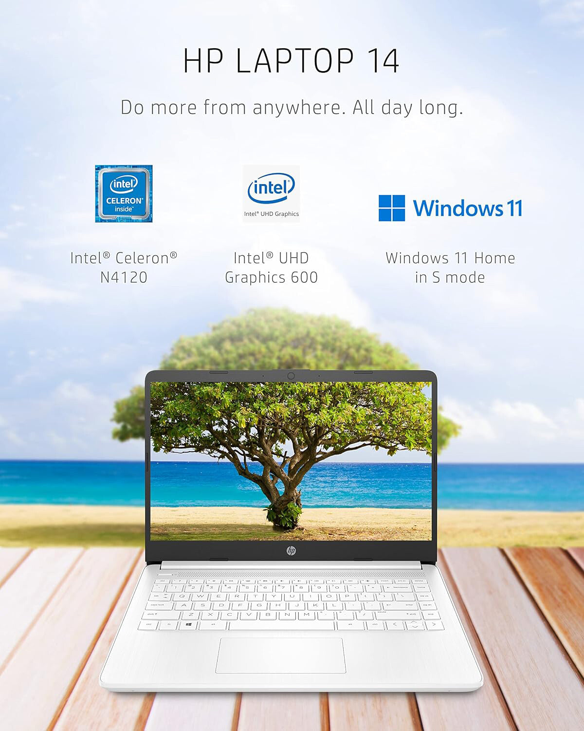 HP 14DQ0052DX 14" Laptop – Intel Celeron N4120 • 4GB RAM • 64GB eMMC – Win 11 Home (Open box)
