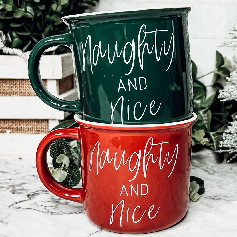 Naughty And Nice Coffee Mug Ceramic Campfire Style 14.5oz Red Or Green Double Side Design