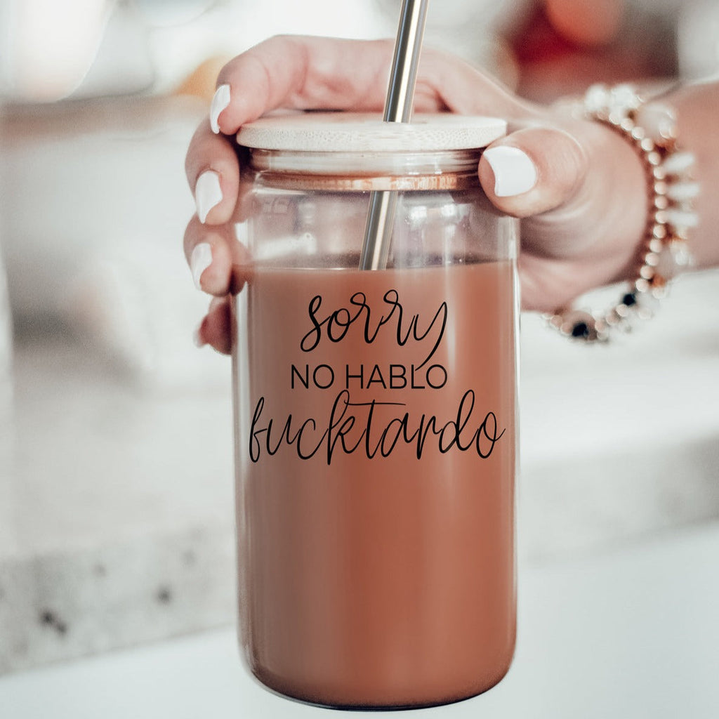 No Hablo 17oz Glass Tumbler With Bamboo Lid, 2 Stainless Straws And Cleaner