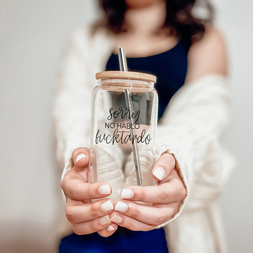 No Hablo 17oz Glass Tumbler With Bamboo Lid, 2 Stainless Straws And Cleaner