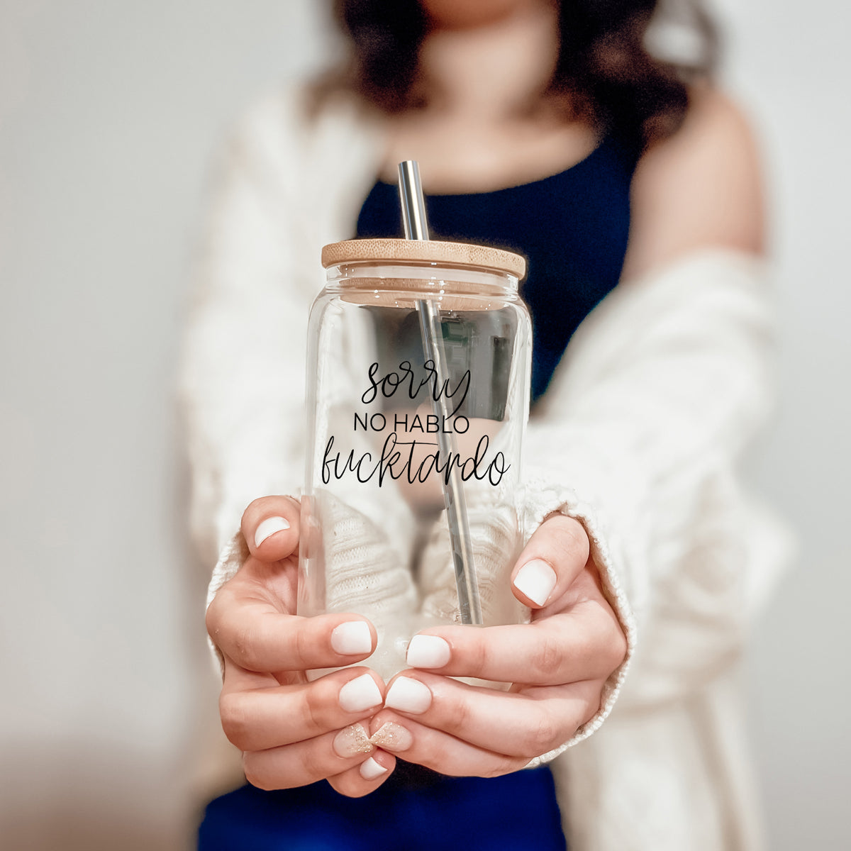 No Hablo 17oz Glass Tumbler With Bamboo Lid, 2 Stainless Straws And Cleaner