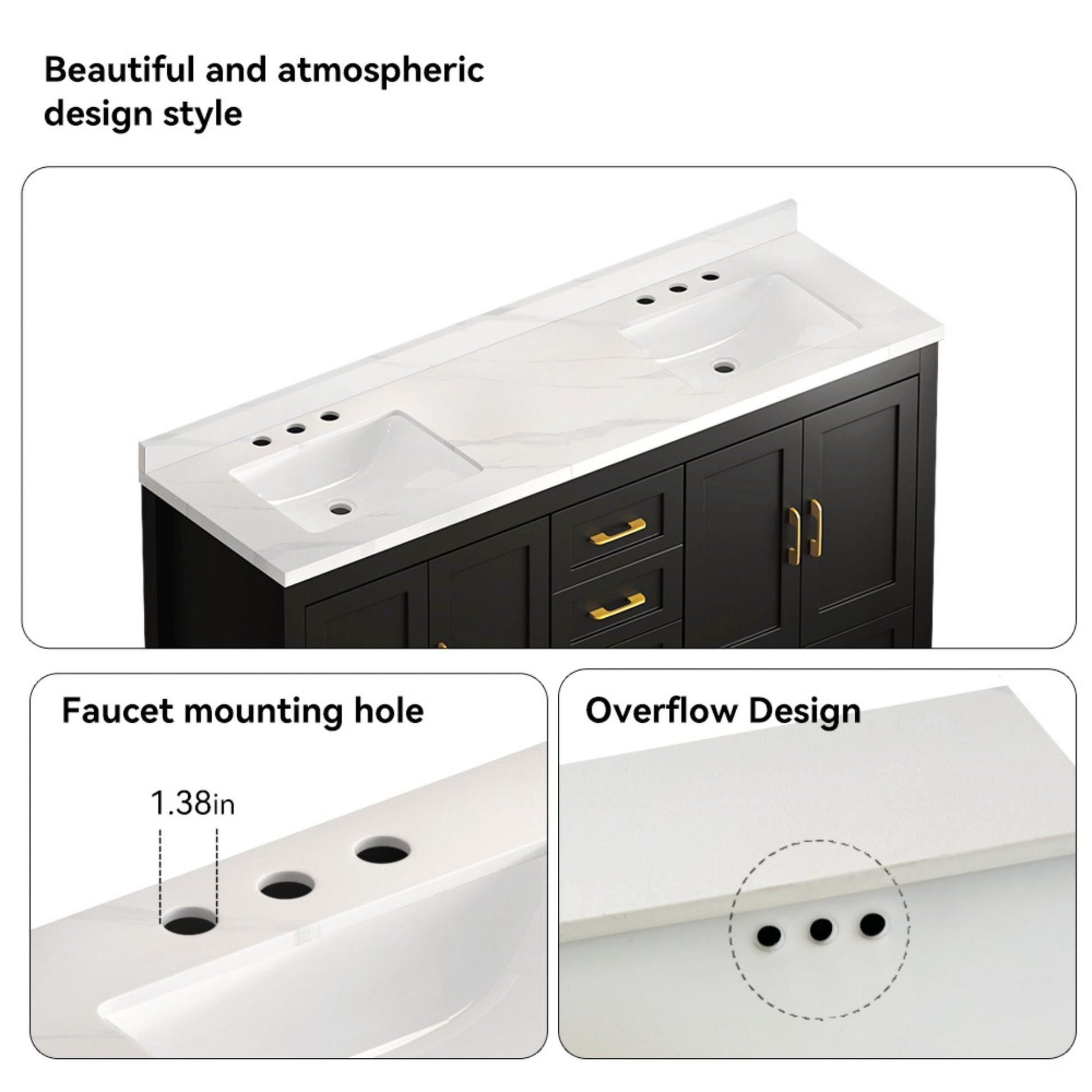 Nuvia 60-Inch Black Bathroom Vanity With Soft Close Doors And Drawers Storage (SAK86210)