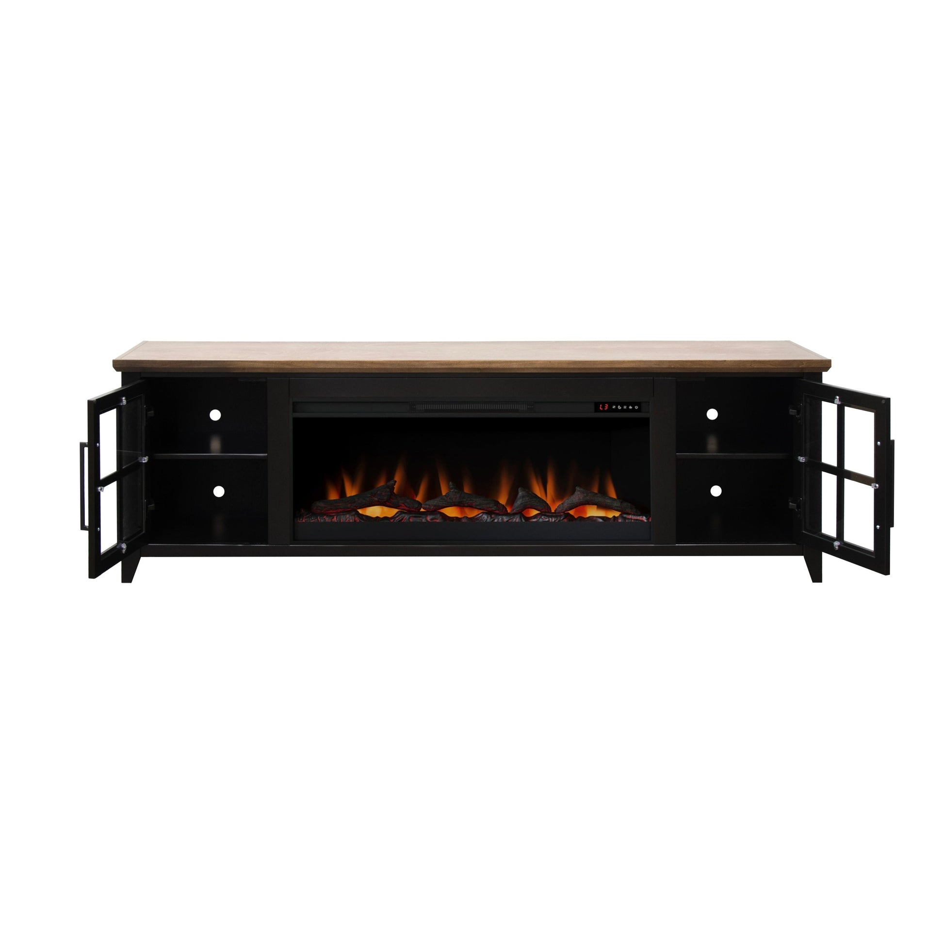 Nuvia 83-Inch Bourbon Black TV Stand With Fireplace And Glass Windowpane Doors (SAK40281)