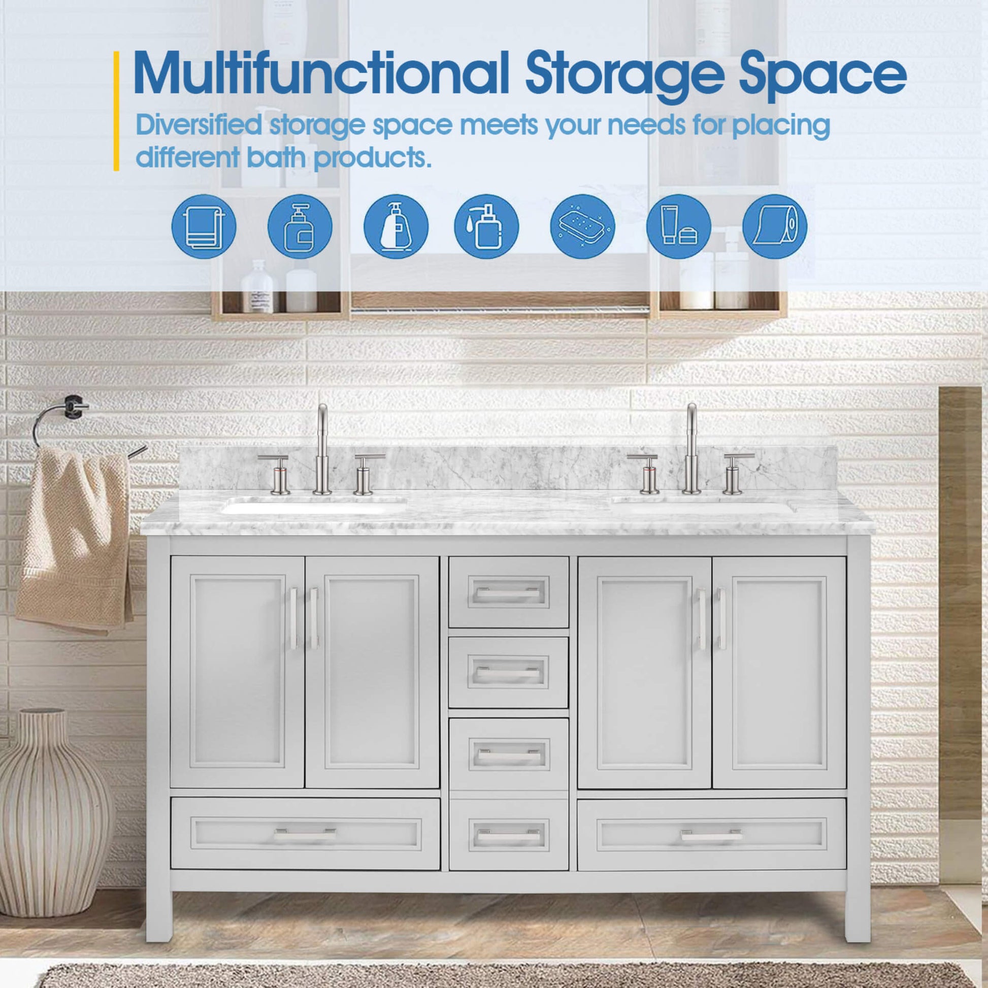 Nuvia Premium 60-Inch Freestanding Double Sink Bathroom Vanity With Carrara Marble Top (SAK51829)