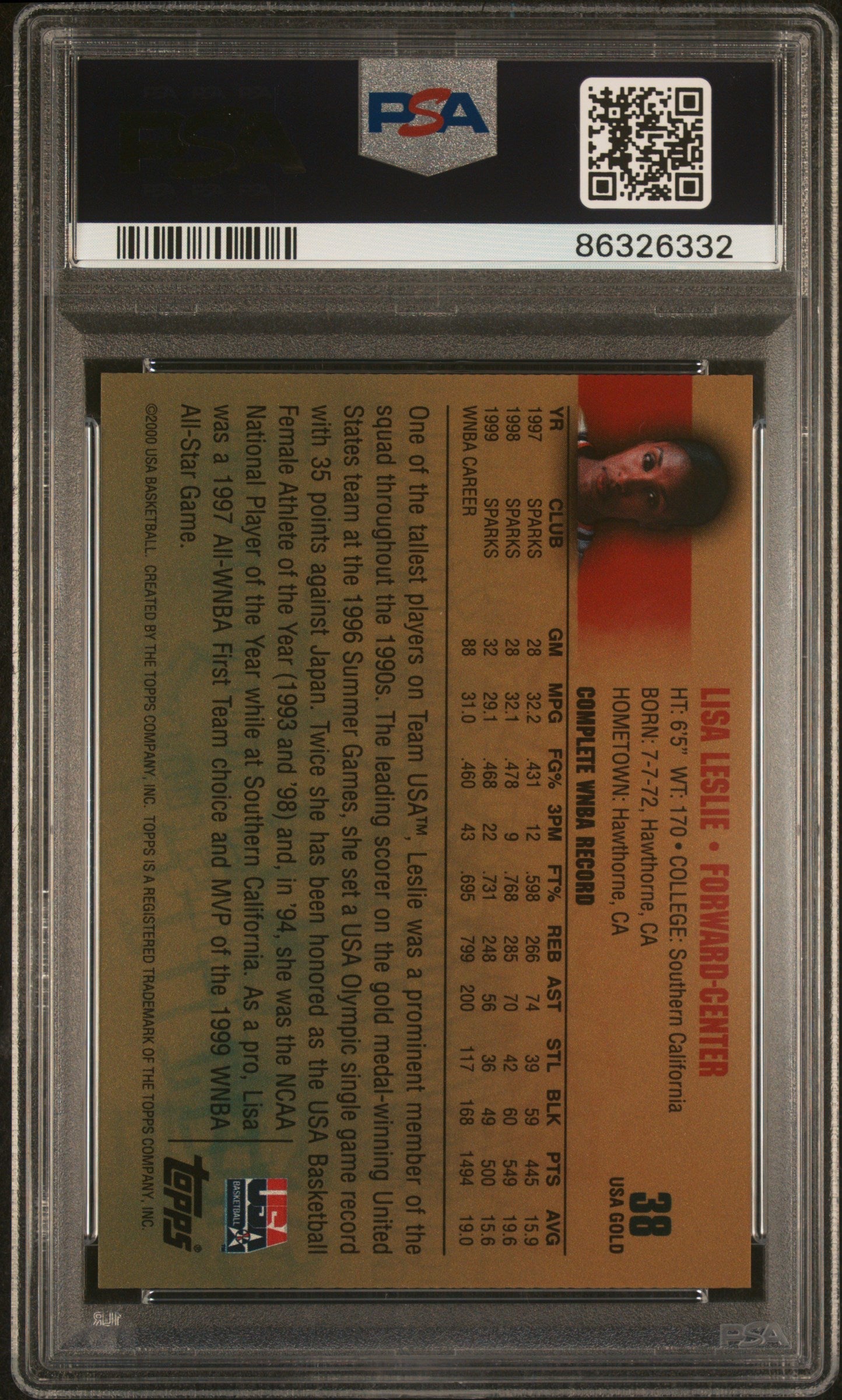 Graded 2000 Topps Team USA Lisa Leslie #38 Gold Basketball Card PSA 10 Gem Mint