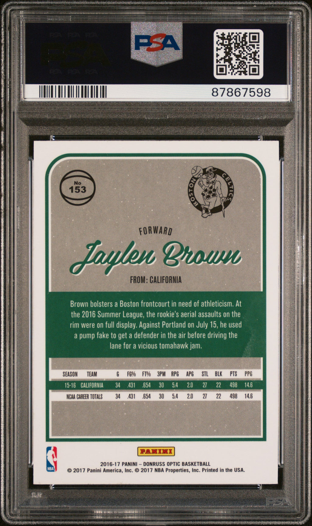 Graded 2016 Panini Donruss Optic Jaylen Brown #153 Rookie RC Basketball Card PSA 10 Gem Mint