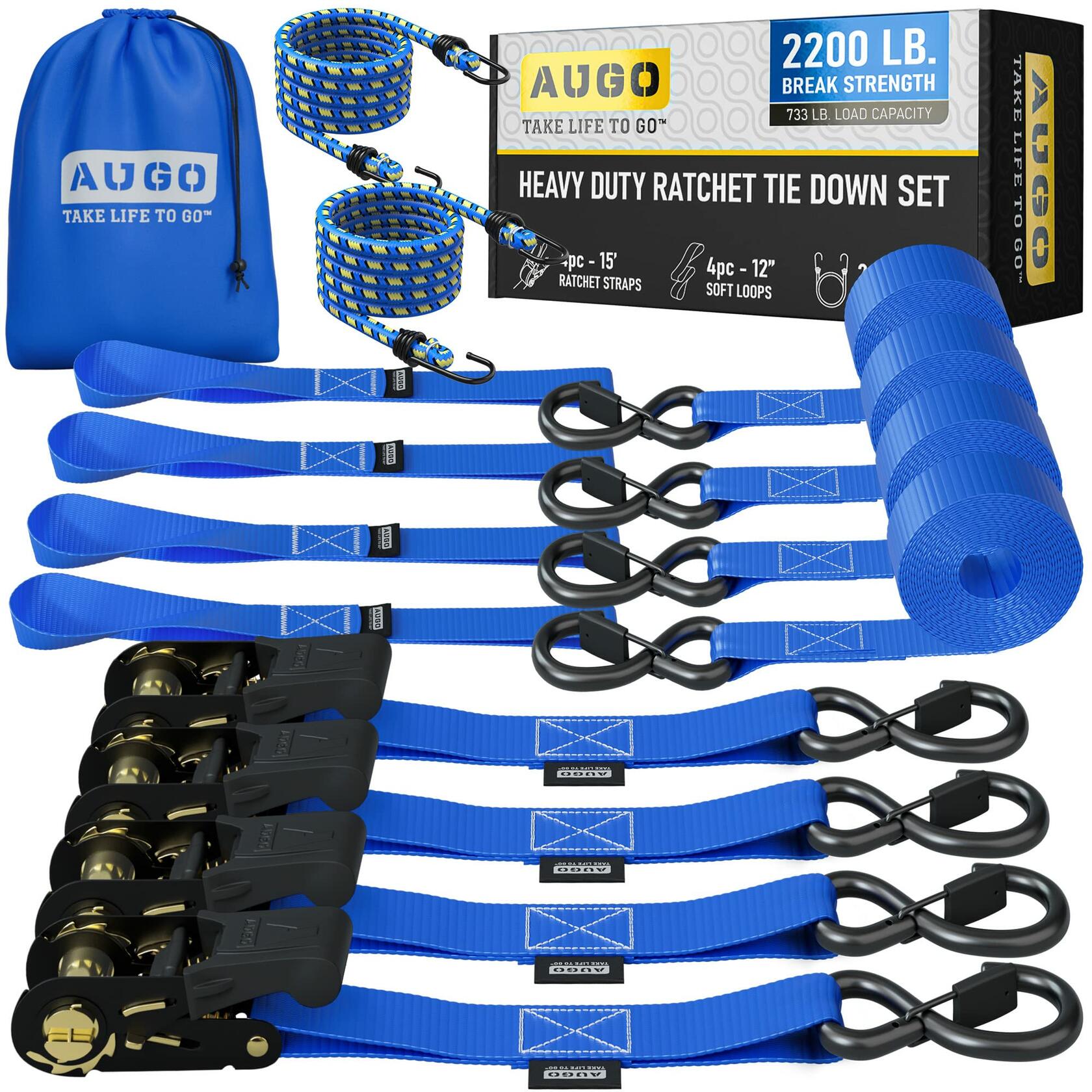 4 Pack 15 FT Ratchet Straps Heavy Duty 2200 LB Break Strength Safety Lock S Hook