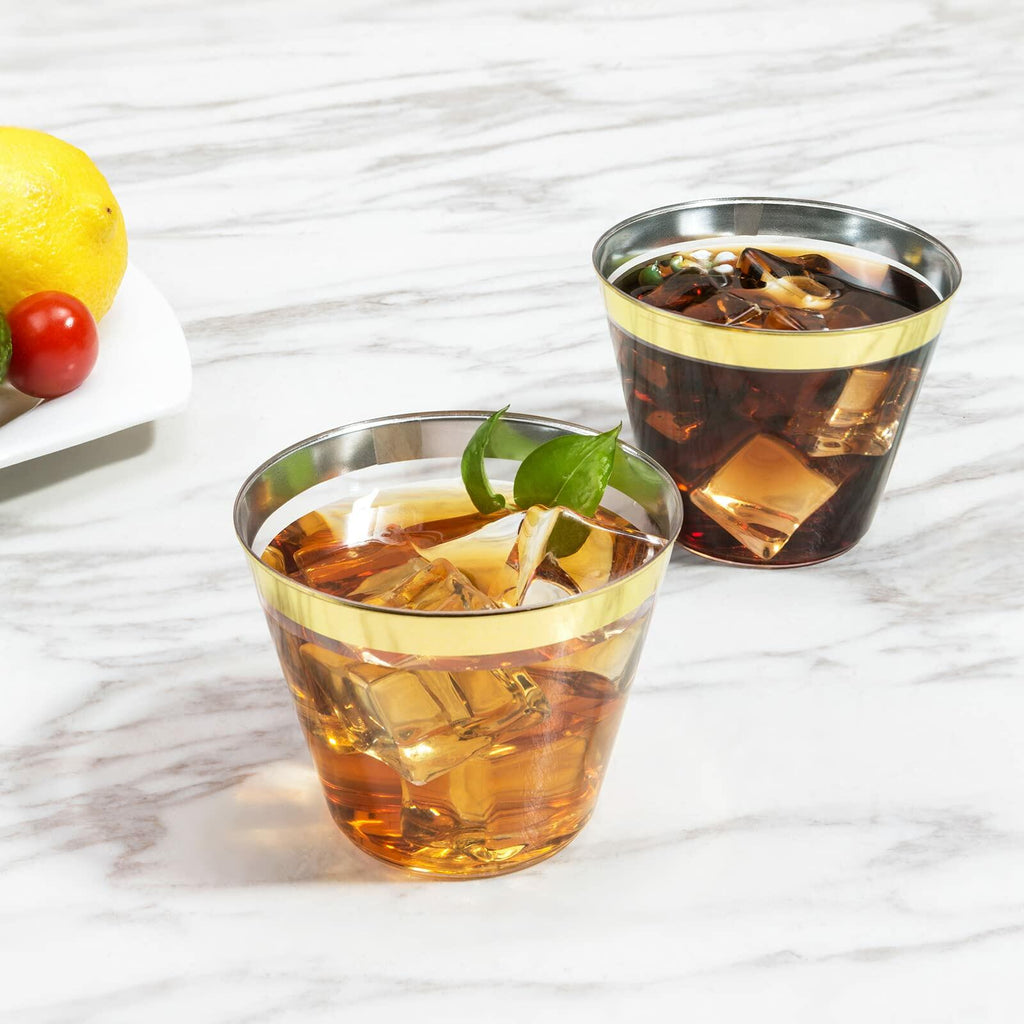 100 Pack - 9 oz Gold Rim Hard Plastic Disposable Elegant Wedding Party Cups Set