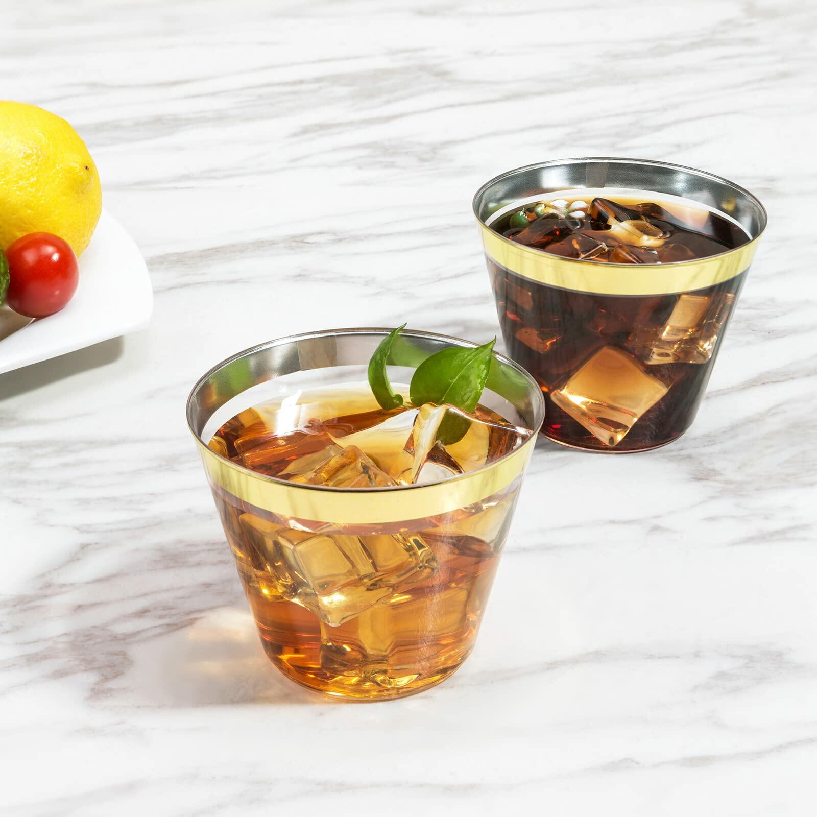 100 Pack - 9 oz Gold Rim Hard Plastic Disposable Elegant Wedding Party Cups Set