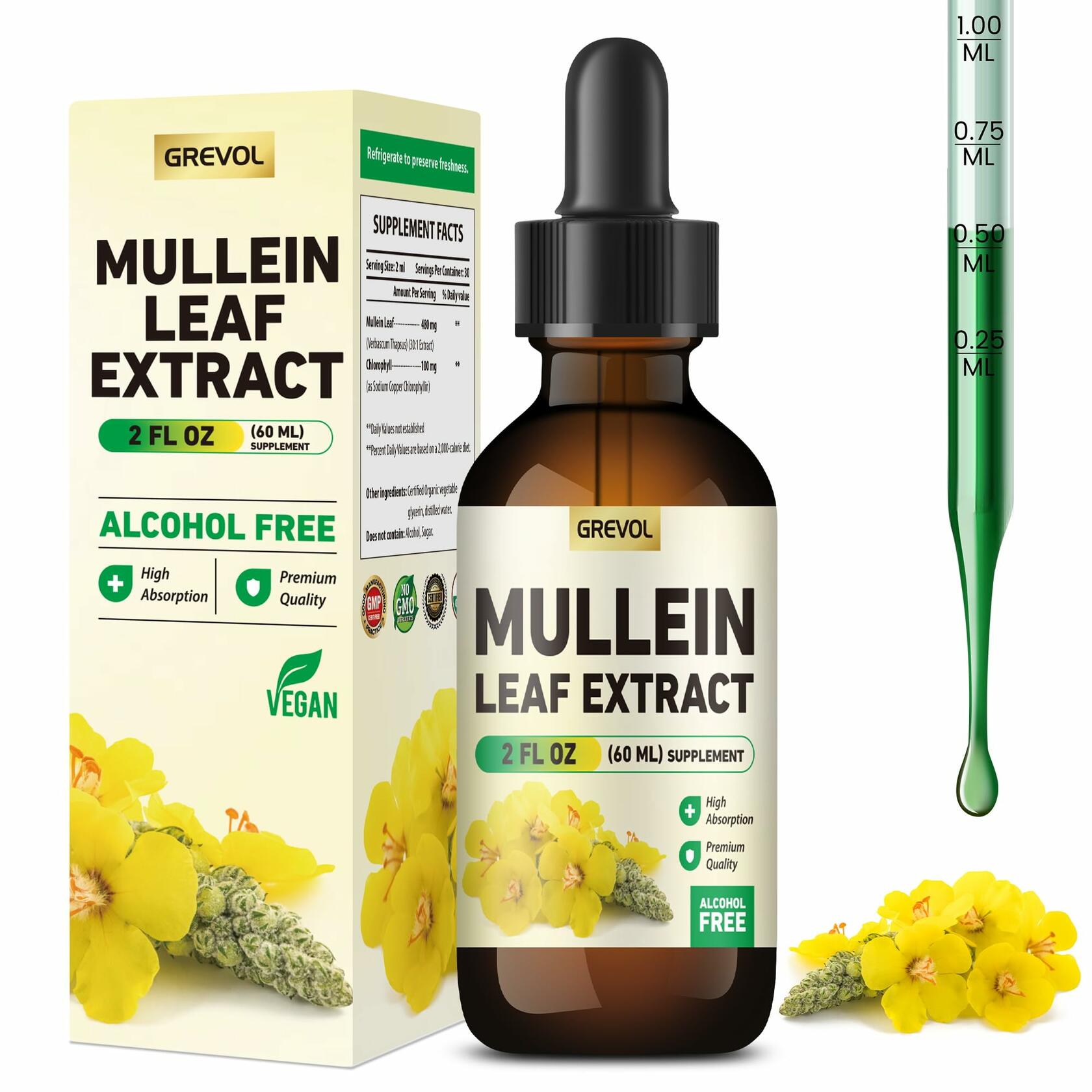 BestBy05/26 Grevol Mullein Drops Organic Herbal Tincture 2oz Respiratory Support