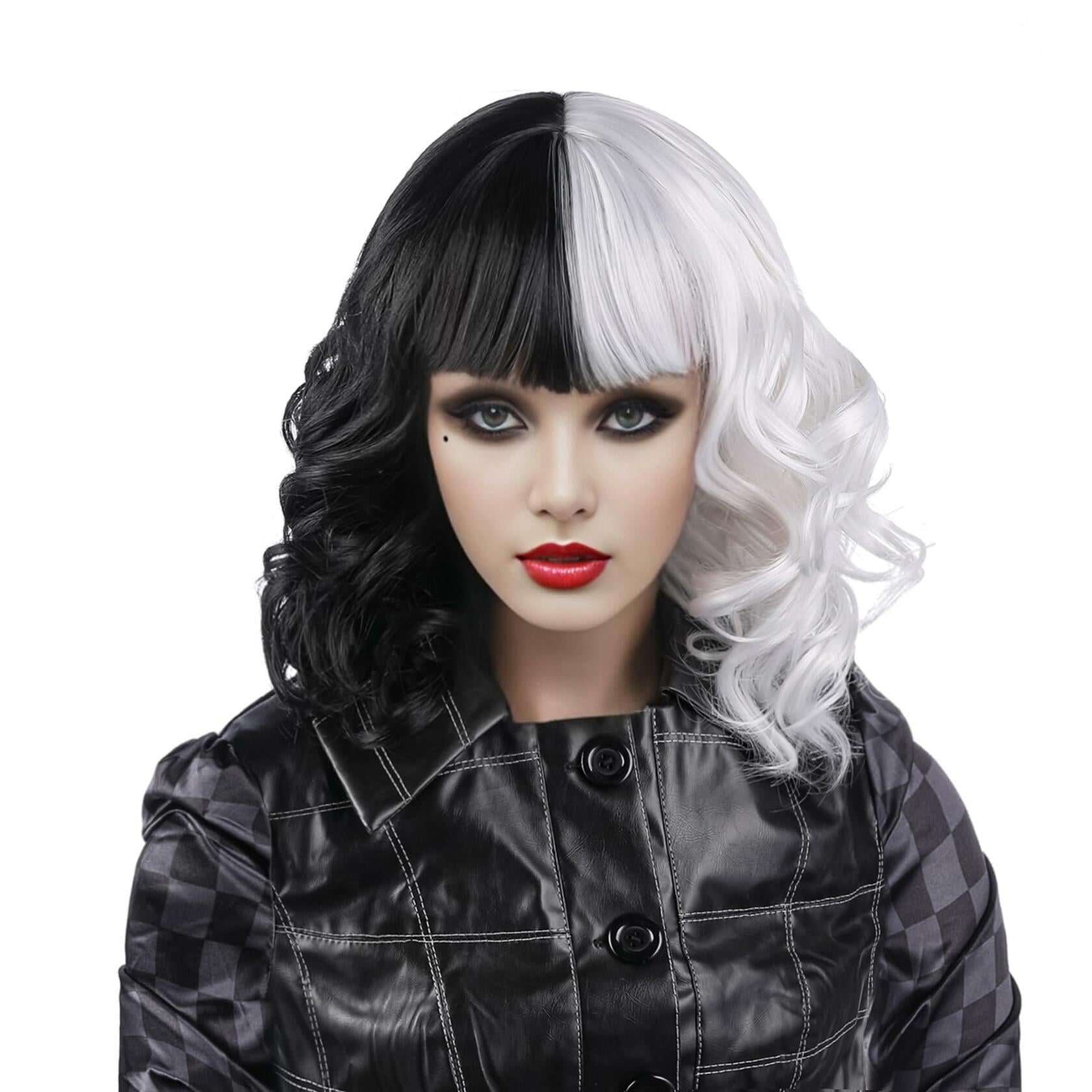 MUPUL Black And White Short Curly Wig with Bangs Halloween Costume Wig