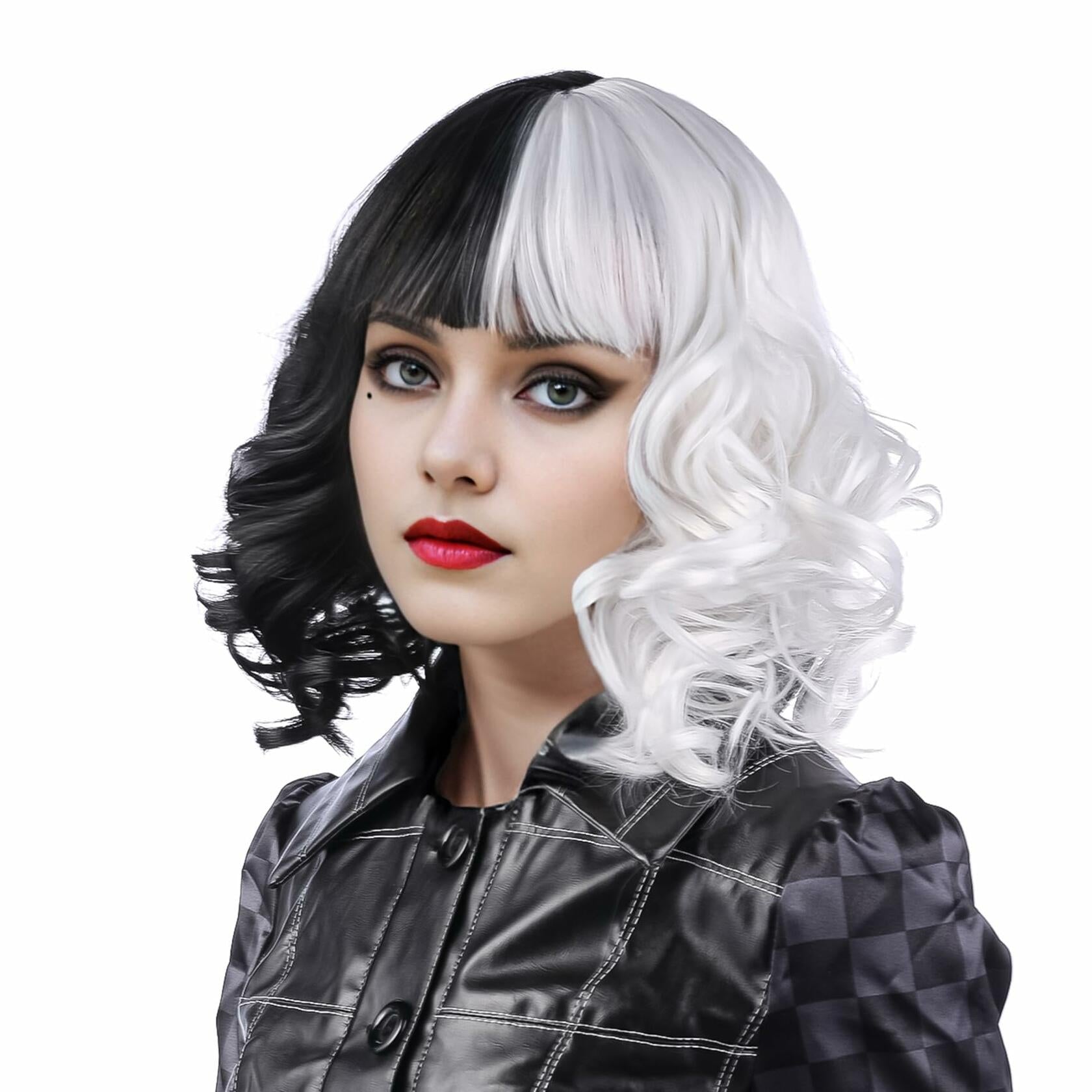 MUPUL Black And White Short Curly Wig with Bangs Halloween Costume Wig