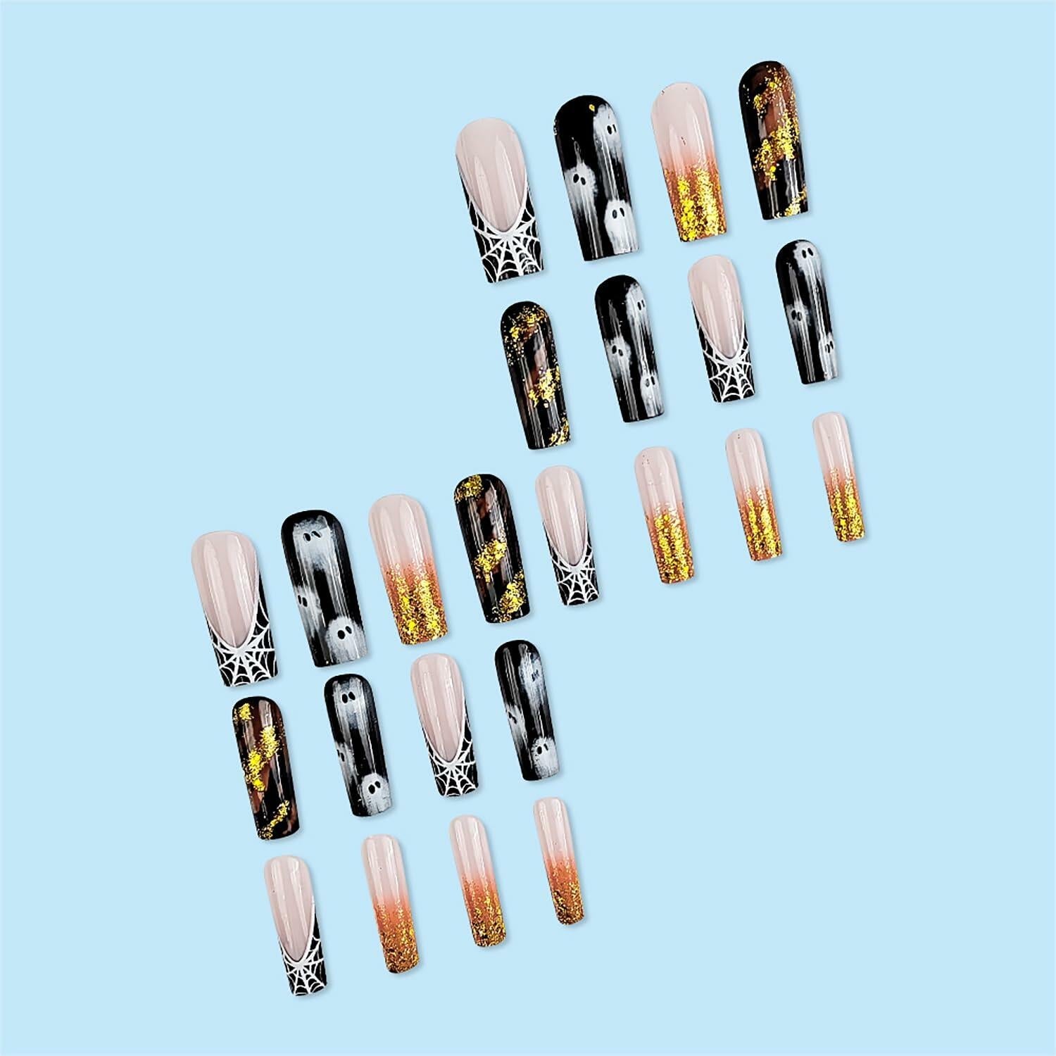 24 Pcs Halloween French Tip Press On Nails Long Coffin Design Ghost Spider