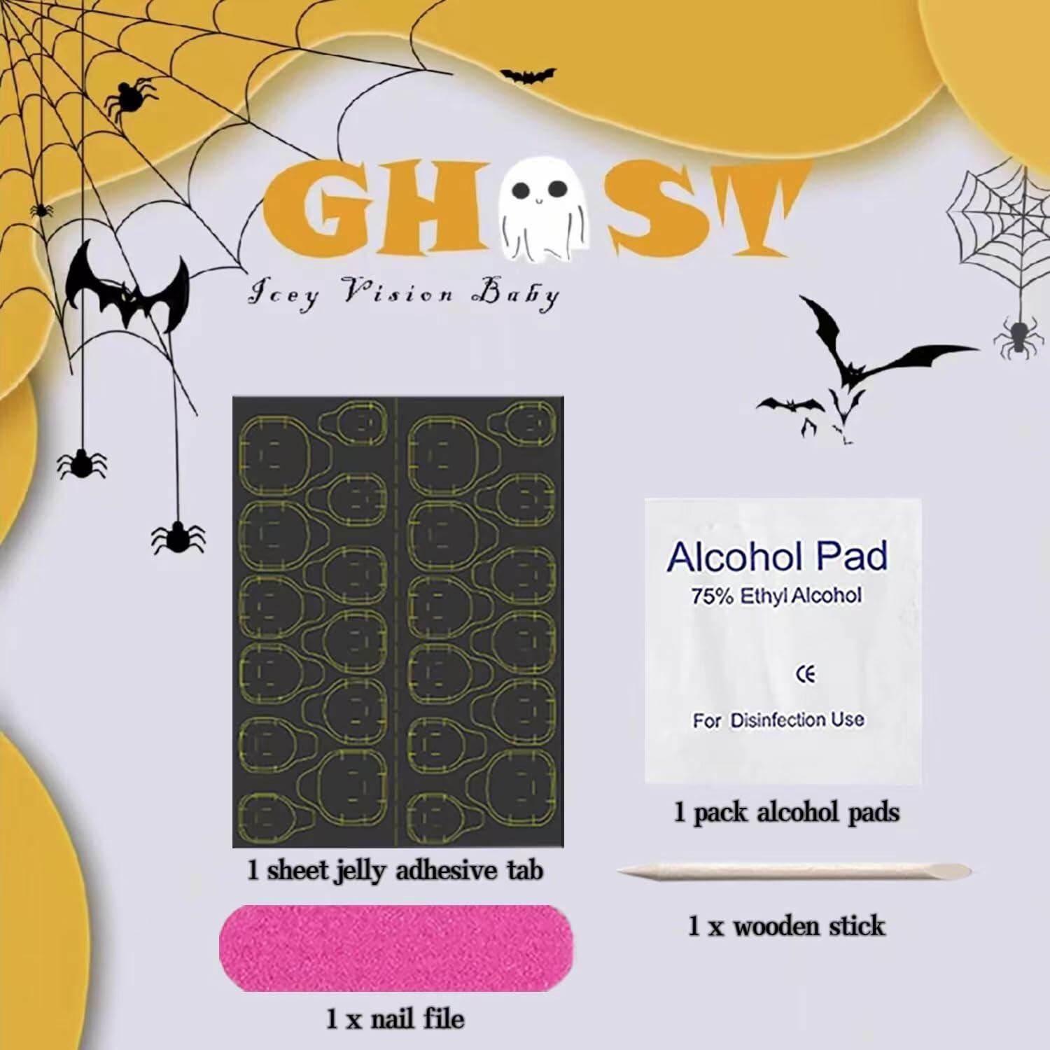 24 Pcs Halloween French Tip Press On Nails Long Coffin Design Ghost Spider